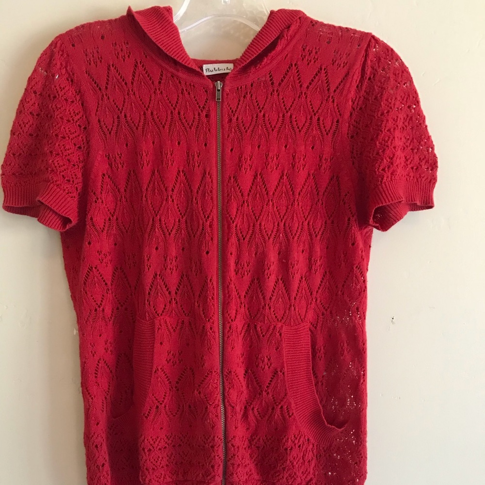 Cute light knit zip up top with hoodie, small